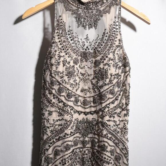 Aidan Mattox Beaded Mesh Godet Gown 8 NEW Blush Champagne Mock Neck Open Back - Picture 5 of 15